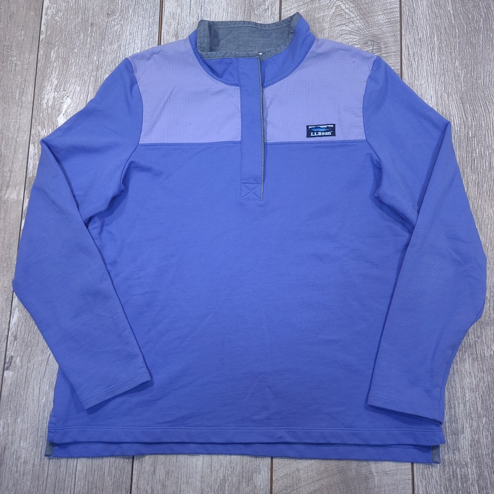 LL Bean Pullover Women Large Blue Ripstop Trim Snap Neck Sweatshirt